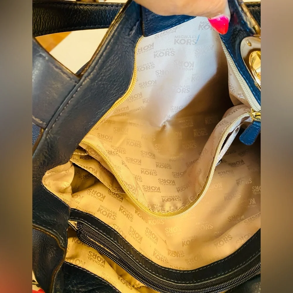 MICHAEL KORS Fulton Blue Pebble Leather Gold MK Logo Hobo Shoulder Bag, EUC